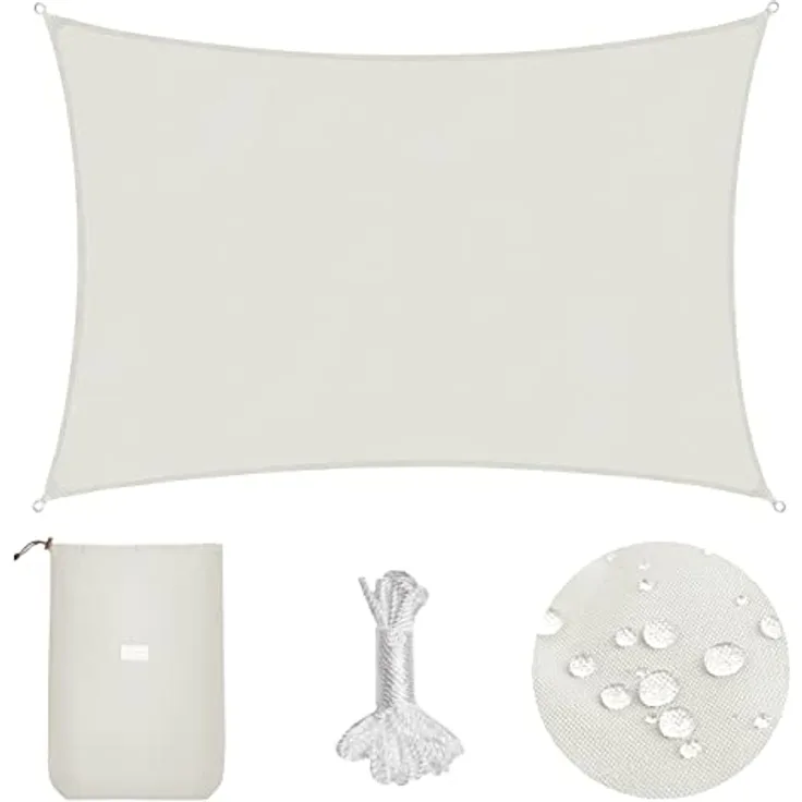 Sekey Sonnensegel Wasserdicht 2x3m Rechteckig PES Polyester, Sonnenschutz 95% UV Schutz Windschutz Reißfest Wetterfest, für Balkon Garten, mit Ösen und Befestigungsseile, Weiß