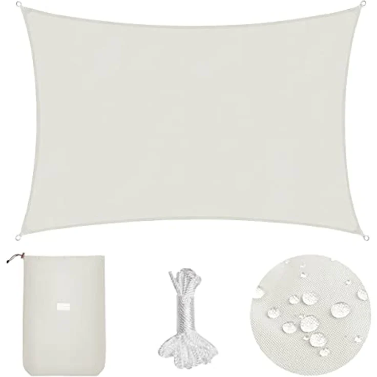 Sekey Sonnensegel Wasserdicht 2x3m Rechteckig PES Polyester, Sonnenschutz 95% UV Schutz Windschutz Reißfest Wetterfest, für Balkon Garten, mit Ösen und Befestigungsseile, Weiß – Bild 1