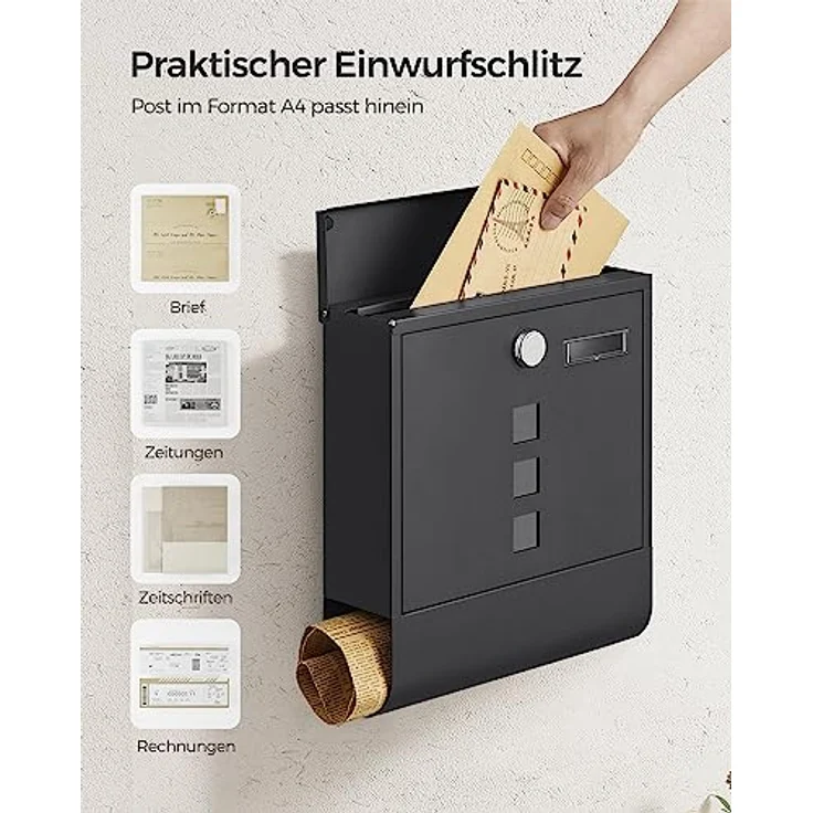 SONGMICS Briefkasten, Wandbriefkasten, mit Schloss mit Drehdeckel, Sichtfenster, Namensschild, Zeitungsfach, einfache Montage, 10 x 30,8 x 33,8 cm, schwarz GMB020B02 - Preisvergleich – Bild 4