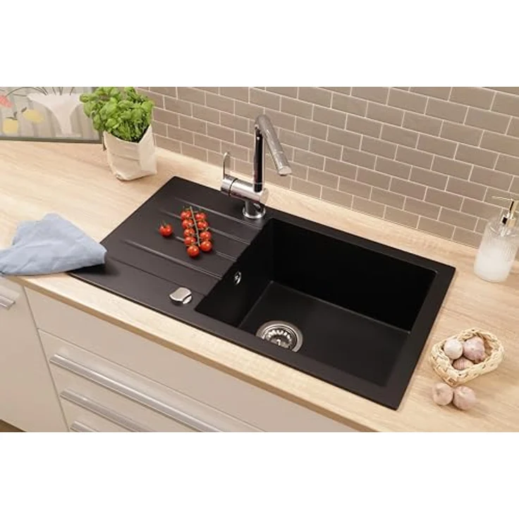 Respekta Almonto Küchenspüle Einbauspüle Granit Massiv 76 x 43 cm, Schwarz, lebensmittelecht, hitzebeständig, kratz- und stoßfest – Bild 3