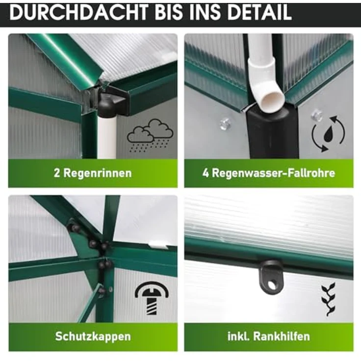 BRAST Gewächshaus Aluminium mit Fundament, 130x190x195cm, grün, 6mm Hohlkammerplatten, rostfrei, wetterfest und temperaturbeständig – Bild 7