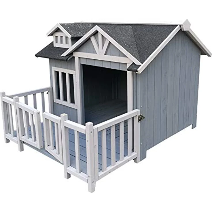 Wiltec Luxus XL Hundehütte 93,5 x 77,5 x 70 cm, grau weiß, Hundehaus aus Holz mit Veranda - Wetterschutz, elegantes Design, hochwertiges Material – Bild 3