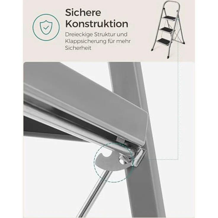 SONGMICS Trittleiter, Leiter mit 3 Stufen, Klapptritt, Klappsicherung, einfach zu verstauen, bis 150 kg belastbar, Taubengrau GSL003GY01 – Bild 4