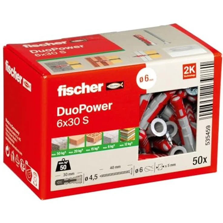 fischer DuoPower 6 x 30 S, Universaldübel mit Sicherheitsschraube, 2-Komponenten-Dübel für Beton, Ziegel, Stein, Gipskarton, 50 Dübel + 50 Schrauben – Bild 1