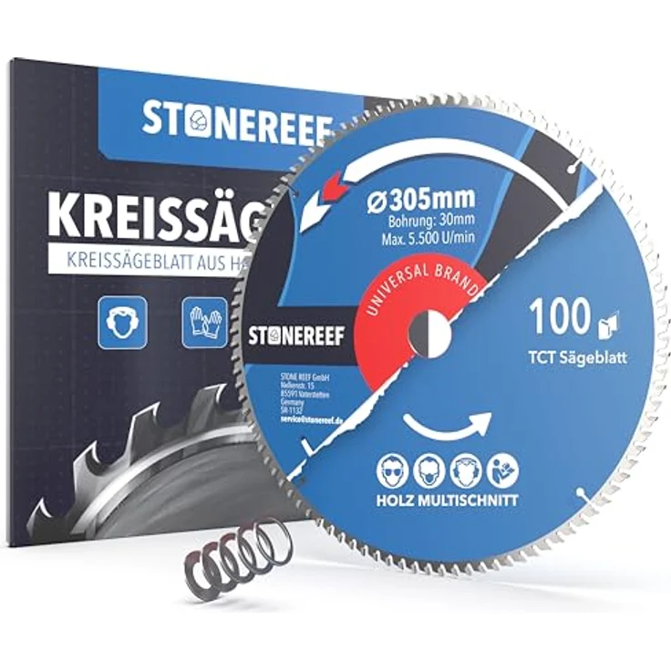 STONE REEF Kreissägeblatt 305 x 30 mm, 100 Zähne, für Holz & Kunststoff mit Bohrung 30 mm, inkl. Adapterringe 25,4/22,23/20/16 mm, kompatibel mit Tisch-, Kapp- & Gehrungssägen – Bild 1