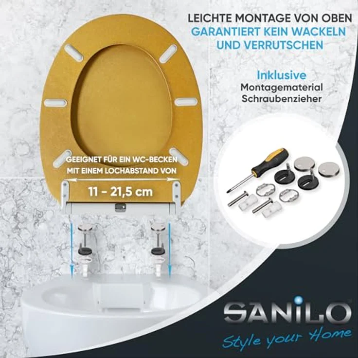 Sanilo WC Sitz Glitzer Gold, Toilettendeckel aus Holz mit Absenkautomatik und antibakterieller Oberfläche, passend für alle WC-Becken – Bild 6