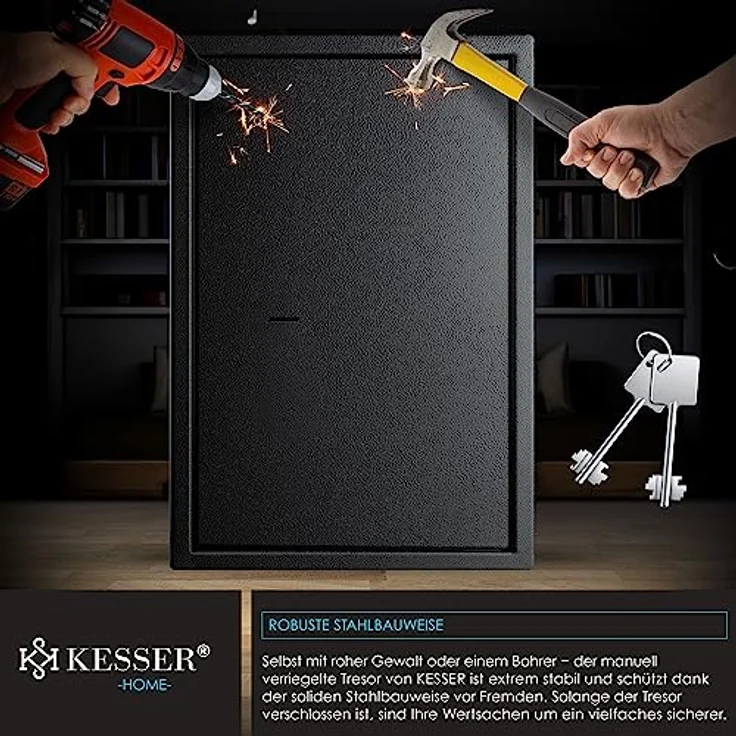 KESSER Möbeltresor mit Doppelbartschloss, Safe Tresor Geldschrank Boden-Wandtresor Wandsafe 50x35x31cm ink. 2 x Schlüssel & Befestigungsschraube Schwarz – Bild 9