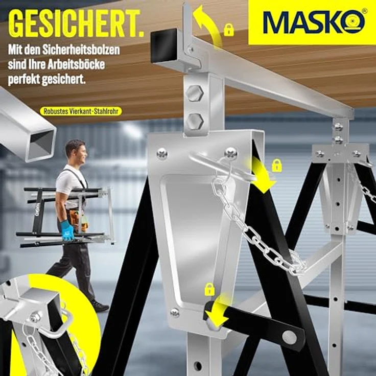 MASKO® Teleskop-Arbeitsbock Untergestell 2-er Set, höhenverstellbar 800-1300 mm, max. Belastbarkeit 200 kg, inkl. rutschfester Arbeitshandschuhe, schwarz – Bild 4