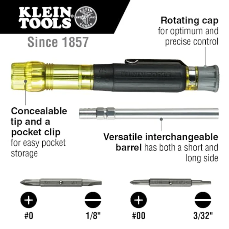 KLEIN TOOLS 32614 Schraubendreher Precision Electronics 4-in-1 Taschenschraubendreher mit Bits für Industrie-Stärke, Original version – Bild 2
