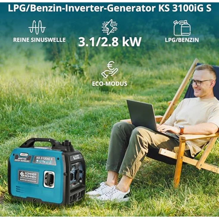 Könner & Söhnen LPG/Benzin-Inverter-Generator KS 3100iG S, 3100 W Höchstleistung, schallgedämmtes Gehäuse, 2 USB-Anschlüsse, ECO-Modus, Kupferwicklungen – Bild 3