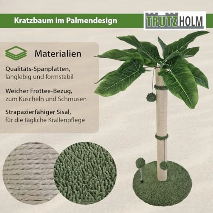 TRUTZHOLM Kratzbaum Palme ca. 85 cm Höhe Kratzsäule mit widerstandsfähigem Sisal zum Krallen wetzen 3 Bällen zum Spielen Katzenkratzbaum Kletterbaum natürliches Design I Stabiler, weicher Sockel – Bild 2