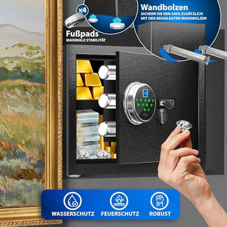 KESSER® Elektr. Tresor mit Fingerabdruck & Schlüssel M, 3x Doppelbolzenverriegelung, Notfallakku, Alarmfunktion, schwarz – Bild 4