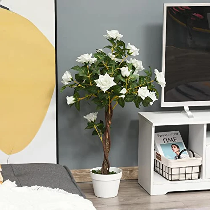 Outsunny Kunstpflanze groß 90 cm Rosenbaum im Topf, künstliche Pflanze, Weiß, für moderne Dekoration ohne Pflegeaufwand – Bild 2