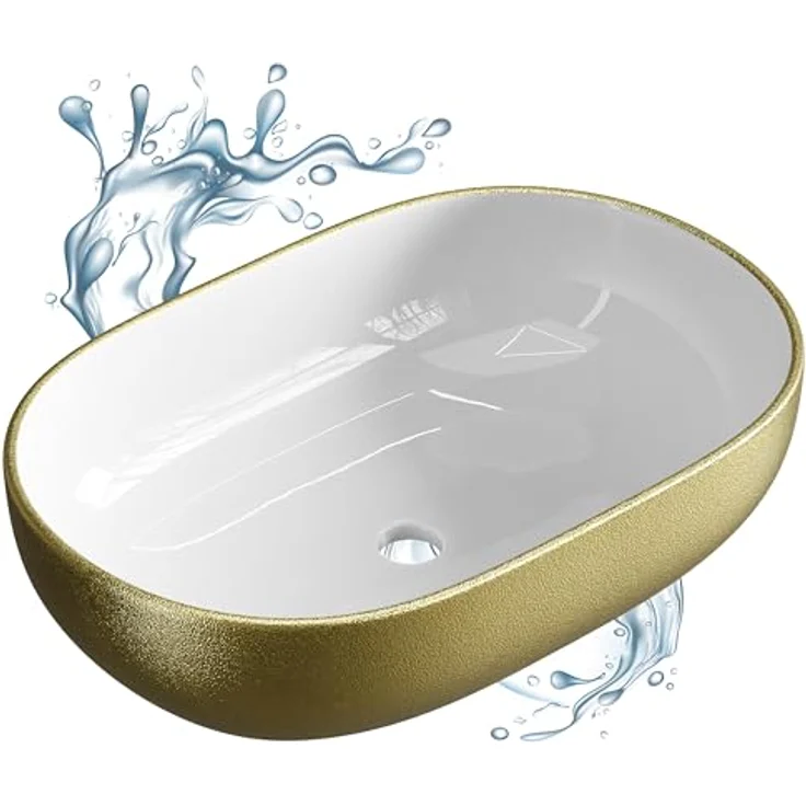 Planetmöbel Aufsatzwaschbecken Aquil Deluxe, ovales Keramikwaschbecken, 60 cm, gold, für Waschtisch ohne Hahnloch und Überlauf – Bild 7