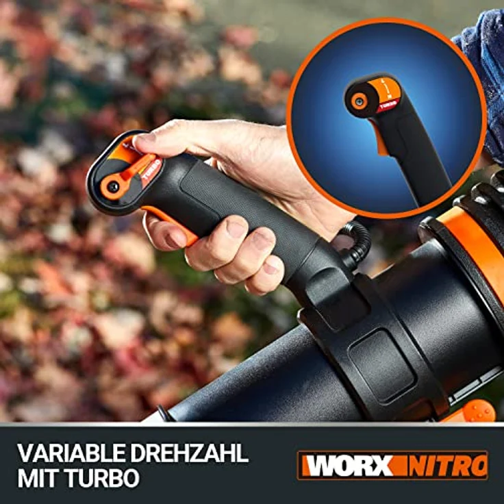 WORX Nitro WG572E 80V (4x20V/4Ah) Laubbläser – Profi mit leistungsstark bürstenlosem Motor – großes Luftvolumen – Variable Geschwindigkeit mit Turbomodus – inkl. 4 x Pro Akkus & Basecamp Ladengerät – Bild 3