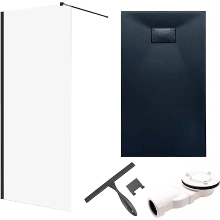 BAD LAND Walk-In Dusche KETIL 140x195 + Duschwanne VIDAR 90x160, Duschabtrennung Transparent Nano Glas, Duschtasse Rechteck Schwarz Steinoptik SMC mit Siphon Ø 90 mm – Bild 2
