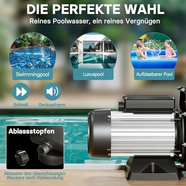 WilTec Poolpumpe 33600 l-h 1500 W Schwimmbadpumpe Filterpumpe Umwälzpumpe - WilTec – Bild 4