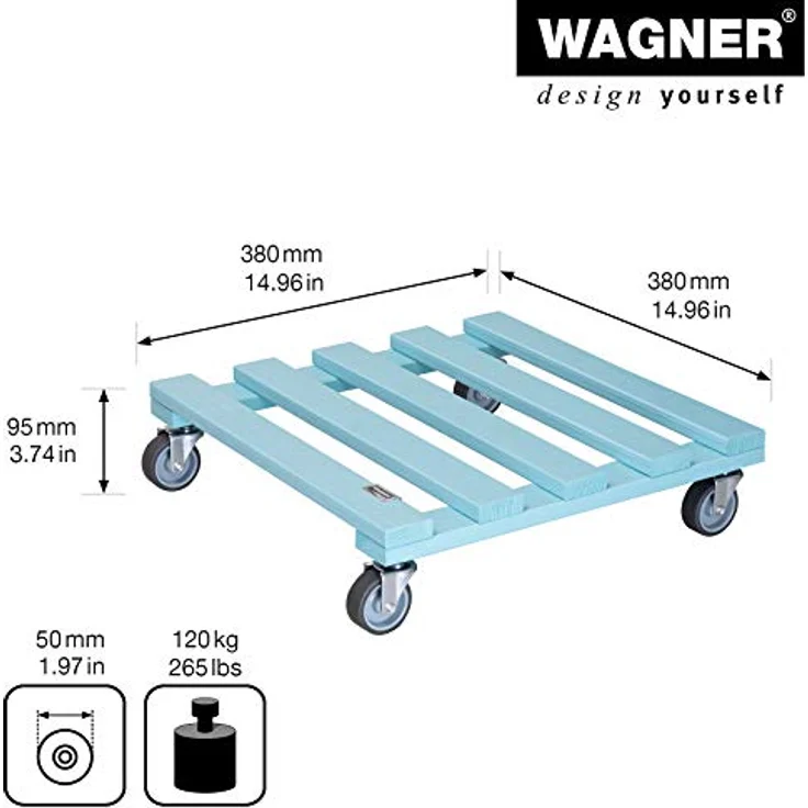 Wagner Pflanzenroller Aqua Splash 38 x 38 x 9,5 cm I Kübelroller für Außenbereich + Innenbereich I FSC®-Massivholz, Aqua Splash/türkis, softe Rollen I Tragkraft 120 kg I Made in EU - 20041301 – Bild 3