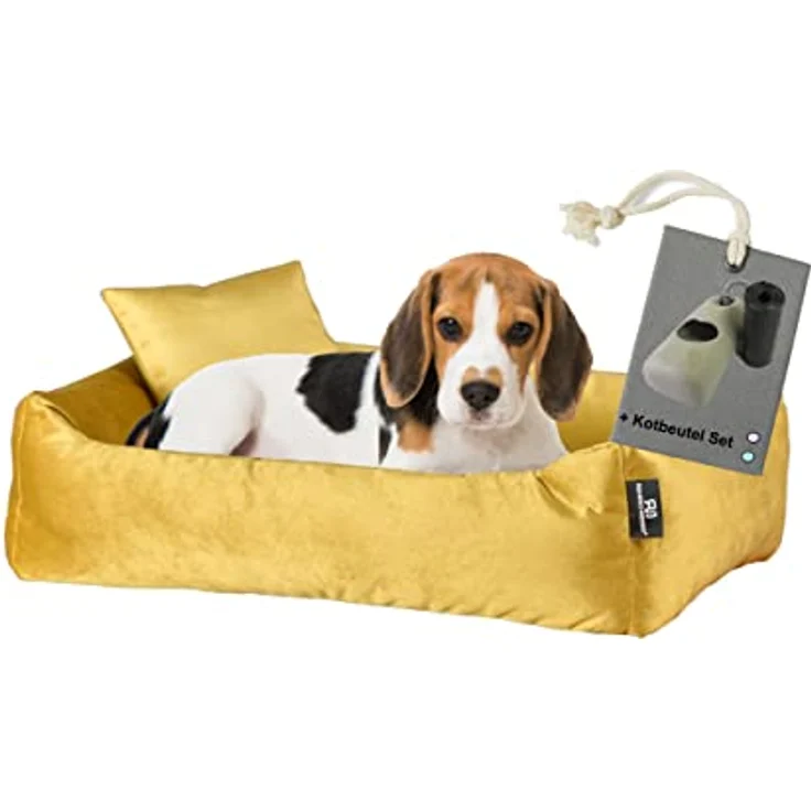 Rohrschneider Hundebett Kuschelsofa Weich + Hundekotbeutelset (M, Senf) - Nestcharakter, Trendfarben, langlebig – Bild 1