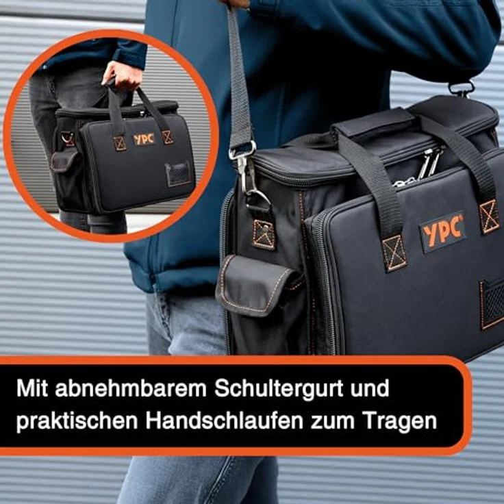 YPC Werkzeugtasche XL, Umhängetasche aus wasserabweisendem Oxford 600D Gewebe, 38x28x11cm mit 11 Haltern und 5 Innentaschen – Bild 3