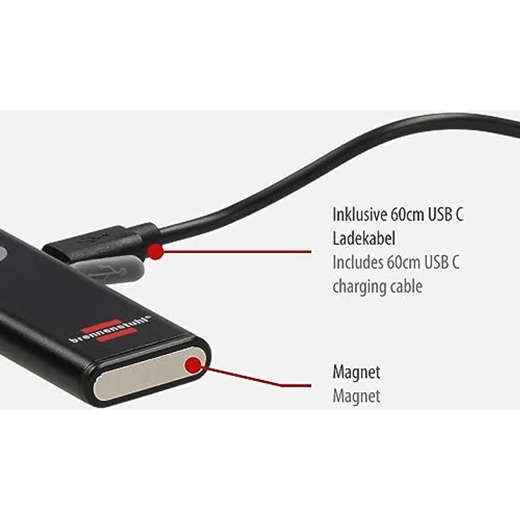 Brennenstuhl LED Akku Handleuchte PL 200 AC/LED Taschenlampe mit COB LED (200lm, inklusive USB C-Ladekabel, bis zu 12h Leuchtdauer, Inspektionsleuchte COB mit Magnet und Clip) – Bild 3