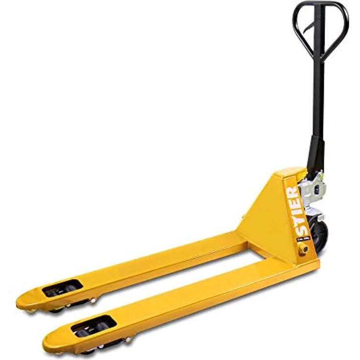 STIER Gabelhubwagen, Handhubwagen mit Tragkraft 2500 kg, Gabellänge 1150 mm, vormontiert, Nylon-Rollen, Gelb, Lenkeinschlag 210° – Bild 3