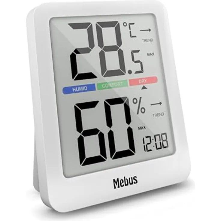 Mebus 40928 Thermo-Hygrometer, digitales Innen-Thermometer mit Uhrzeit, Min/Max-Funktion und Hintergrundbeleuchtung, weiß