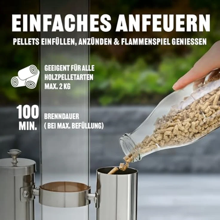 LANDMANN Pellet Feuersäule, Aluguss Pellet Feuerstelle mit Glasrohr-Design, Brenndauer bis zu 150 Min., für handelsübliche Holzpellets – Bild 4