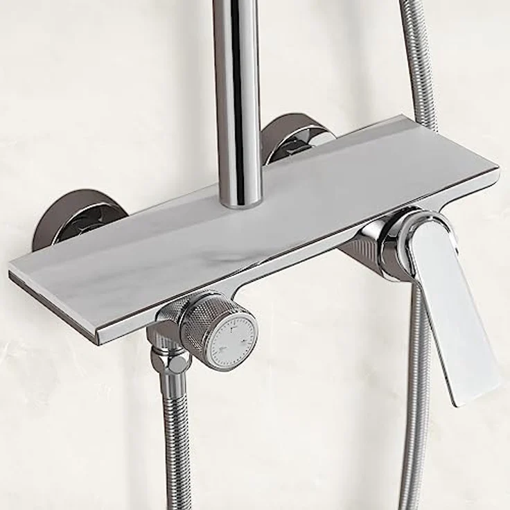 HOME DELUXE - Duscharmatur mit Ablage - ICONIC - Farbe: Weiße Marmoroptik - Höhe: 120 cm, inkl. Handbrause I Duschbrause Regendusche Designarmatur – Bild 2