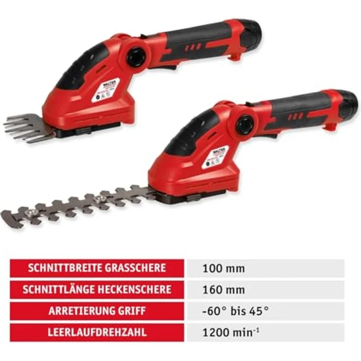 WALTER Akku Heckenschere/Grasschere mit stufenloser Teleskopstange (bis 120 cm), 12V Li-Ion, 1200 U/min, Laserschneidmesser, 160 mm Schnittlänge, inkl. Akku und Schnellladegerät – Bild 5