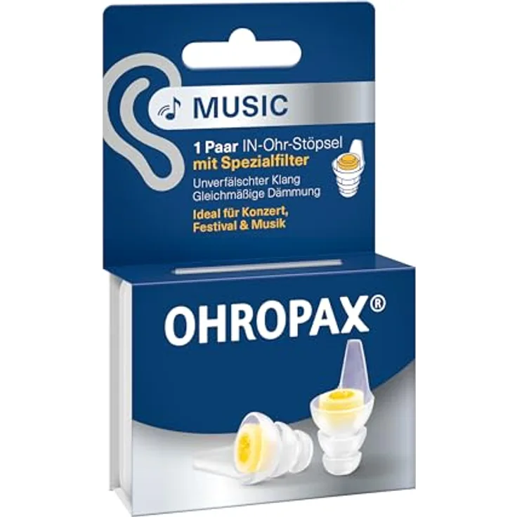 OHROPAX Music Ohrstöpsel mit Spezialfilter, unverfälschter Klang, SNR 19 dB, ideal für Konzerte, 1 Paar + zusätzliches kleineres Stöpselpaar, transparent