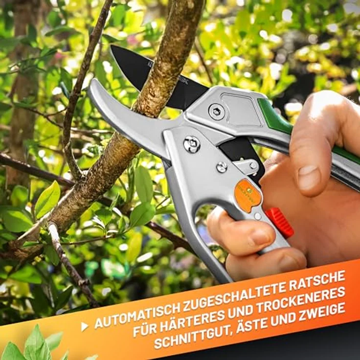 GRÜNTEK Amboss Gartenschere KONDOR 200 mm, automatisch zugeschaltete Ratsche, bis Ø24 mm, SK5 Klinge, Aluminium-Griffe mit PVC Beschichtung, inkl. Ölschwamm und Schärfer, grün – Bild 3