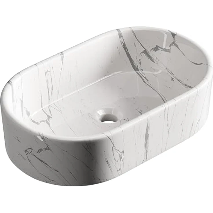 Planetmöbel Aufsatzwaschbecken Aquil Elegant, ovales Badezimmer Waschbecken 55 cm, marmor weiß, hochglänzend für Waschtisch – Bild 6