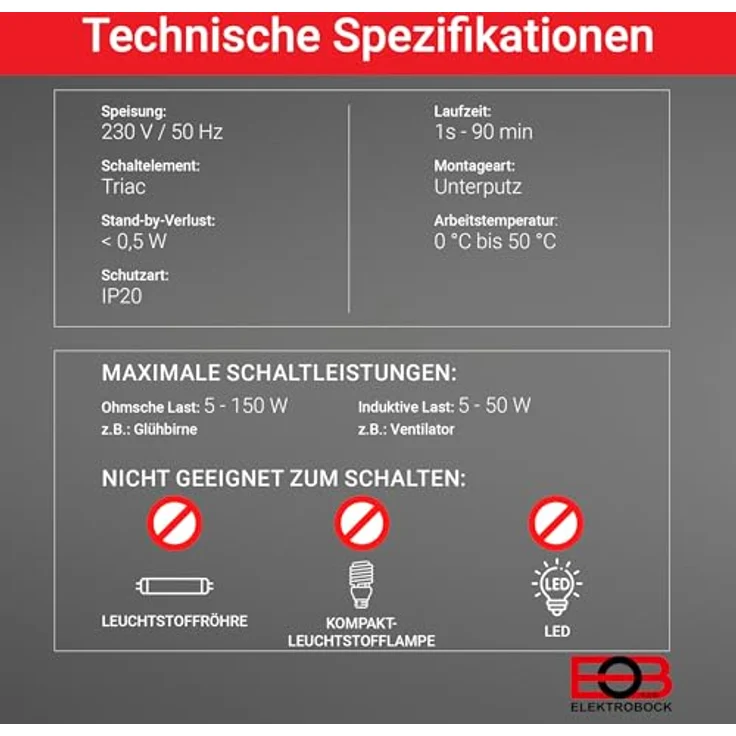 Elektrobock CS3-4 Zeitschaltuhr mit Nachlaufrelais für Widerstands- und Induktionsbelastungen, Unterputzinstallation – Bild 6