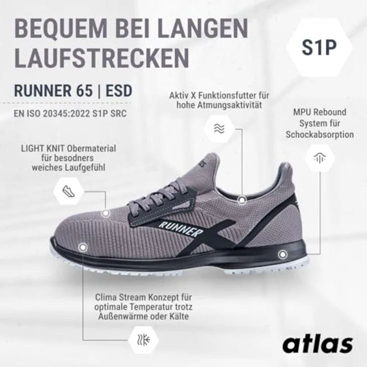 ATLAS RUNNER 65 ESD Sicherheitsschuh, grau, S1P SRC, Durchtritthemmung, Light Knit Obermaterial, Weite 10 – Bild 4