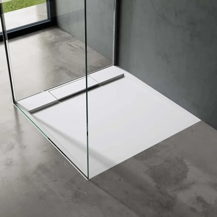 doporro Geoma04 Duschtasse 70x70x4 cm, flach Mineralguss in Weiß, mit DIN-Anschlüssen für bodenebene Montage – Bild 1