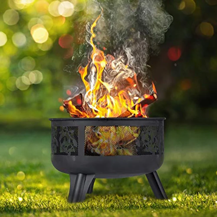 Relaxdays Feuerschale mit Funkenschutz, Garten & Terrasse, mit Schürhaken, Outdoor Feuerkorb, HxD: 60 x 60 cm, schwarz – Bild 2