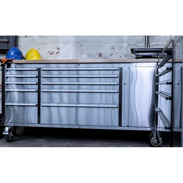 ONDIS24 Werkzeugwagen Werkstattwagen Edelstahl mit Massivholzplatte, 72", kugelgelagerte Schubladen, fahrbare Werkbank – Bild 4