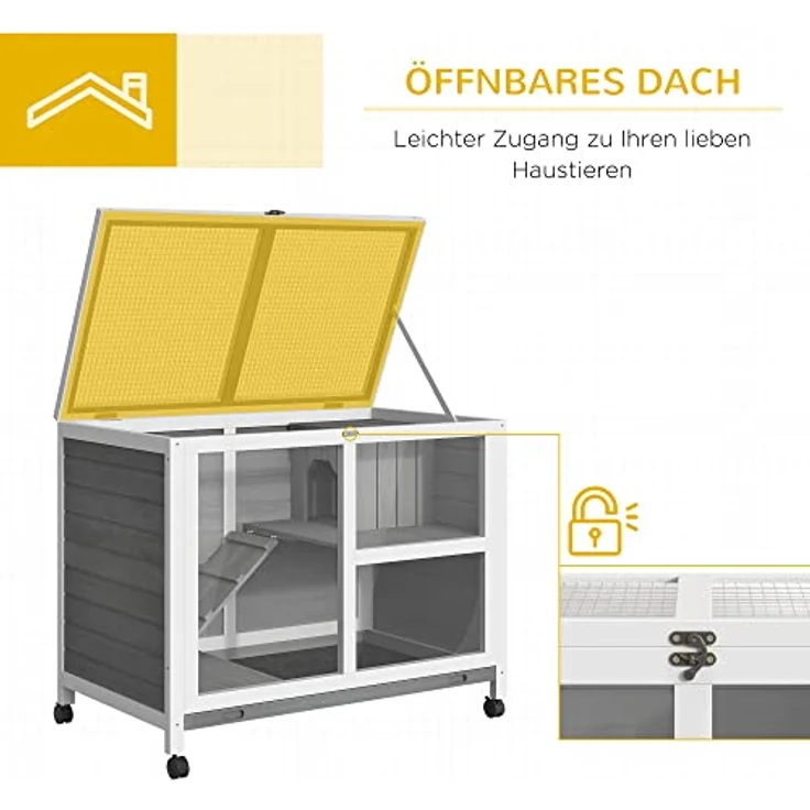 PawHut Kleintierkäfig mit Rädern Meerschweinchenkäfig Kleintierstall Kleintierhaus innen und außen Winterfest Tannenholz Grau 91,5 x 53,3 x 73 cm - 2 Ebenen, Massivholz, Rollen, einfache Reinigung – Bild 4