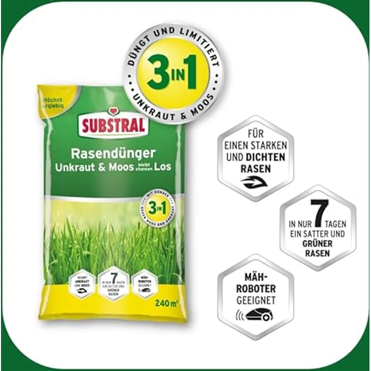 Substral Rasendünger Unkraut & Moos bleibt chancenlos, 7,2kg für 240qm, sattgrüner Rasen in 7 Tagen, düngt bis zu 3 Monate, Grün – Bild 3
