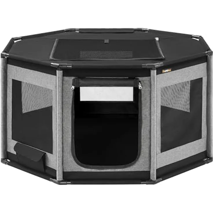 Feandrea Welpenauslauf Oxford-Gewebe, Hundekäfig L mit PVC-Rahmen, atmungsaktives Netz, Seitentasche, schiefergrau-tintenschwarz 112 x 112 x 62 cm