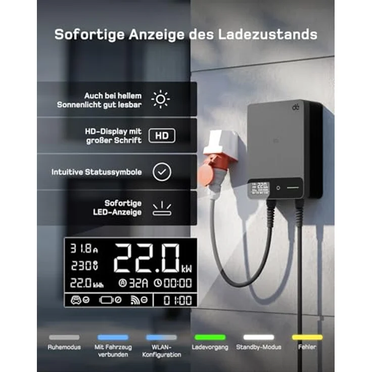 dé 22kW Wallbox mit 7.5 m Kabel, App & RFID Version, dreiphasiges Laden, LCD-Statusanzeige, IP54 – Bild 5