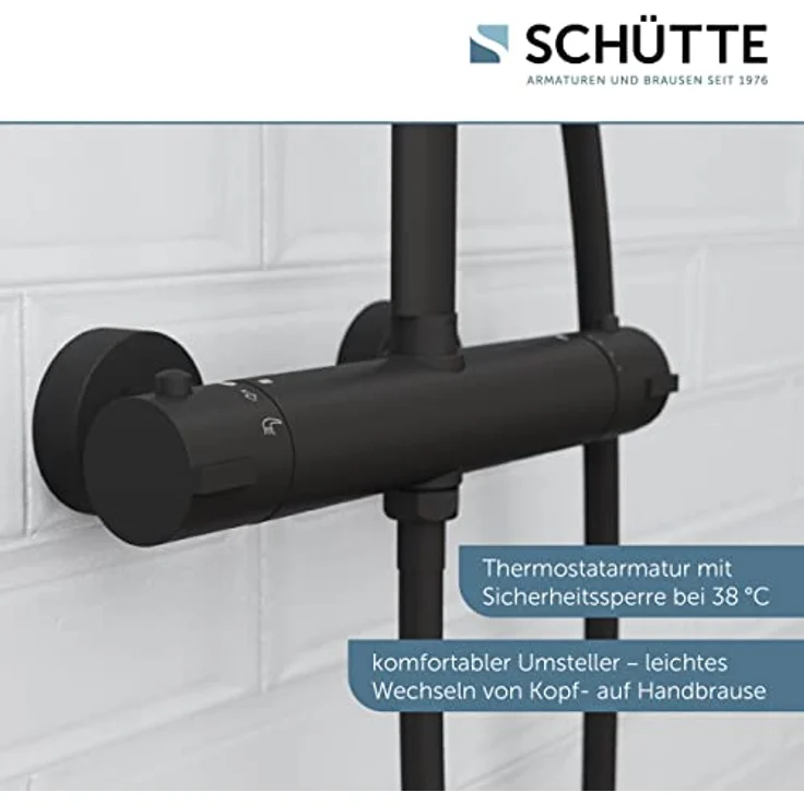 SCHÜTTE MADURA Duschsystem mit Thermostat, Duschset Regendusche inkl. Kopfbrause, Handbrause, mit Duschstange, Überkopf Brauseset Duschsäule Duscharmatur in Matt Schwarz – Bild 4