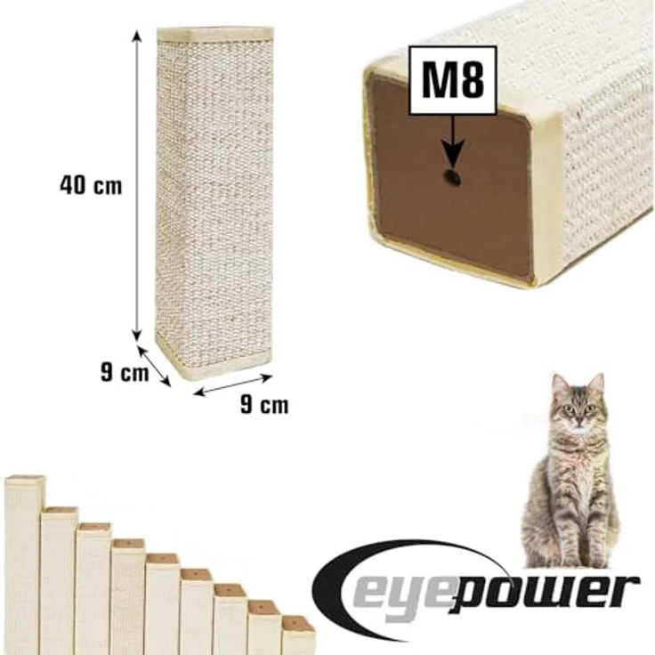 EYEPOWER 40 cm Pfotenfreund M8 Sisalstamm für Kratzbaum, 9 x 9 cm, eckig, 100% Sisal, stabile Kratzsäule, einfach zu montieren – Bild 4
