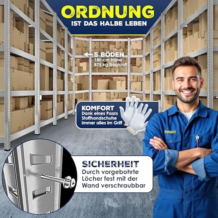 MASKO Eckregal Lagerregal Schwerlastregal, Kellerregal, 180x75x40cm , bis 875 kg, 5 verstellbare Ablagen, MDF-Platten Regal aus Metall, Steckregal, Werkstattregal, Keller, Garage Silber – Bild 7
