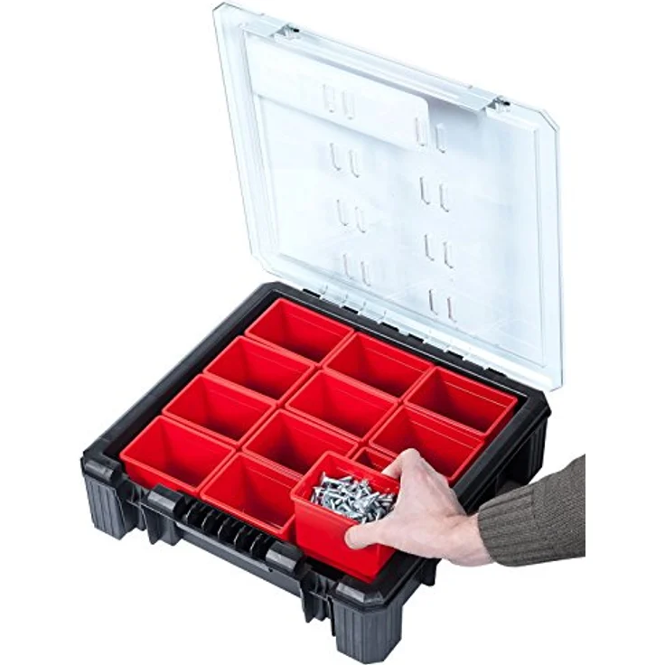 ADB Sortimentskasten Kleinteilemagazin HD 400, Sortierkasten Organizer in Schwarz mit roten Kunststoffboxen, 389x400x110 mm – Bild 2