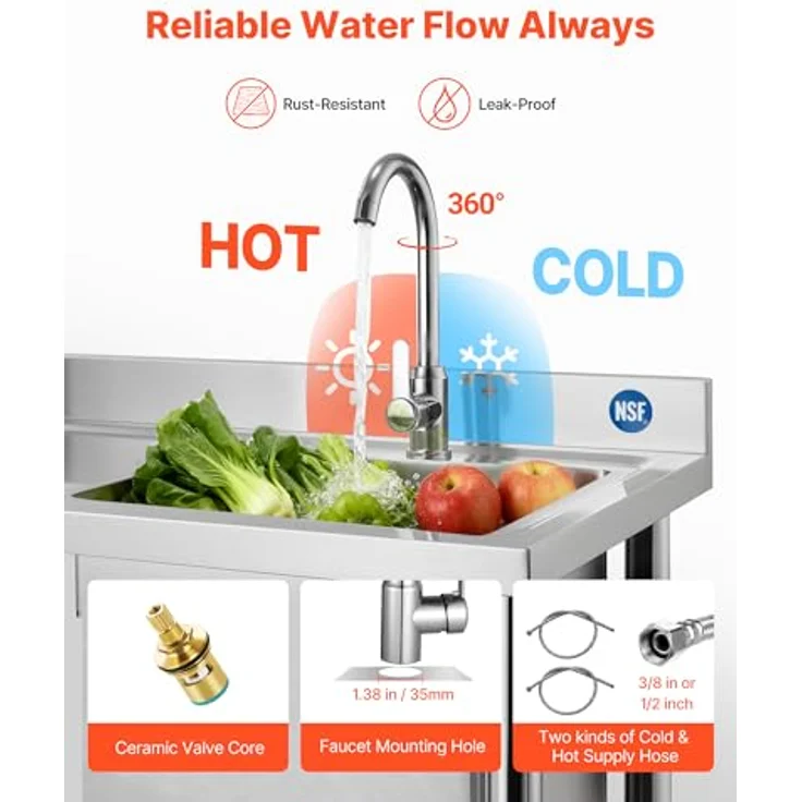VEVOR Spültisch Spülbecken Edelstahl (120 x 50 x 94 cm), 4 in 1 Multifunktionsdesign mit 360° Wasserhahn & Schublade, ideal für Garage, Restaurant und Außennutzung – Bild 4