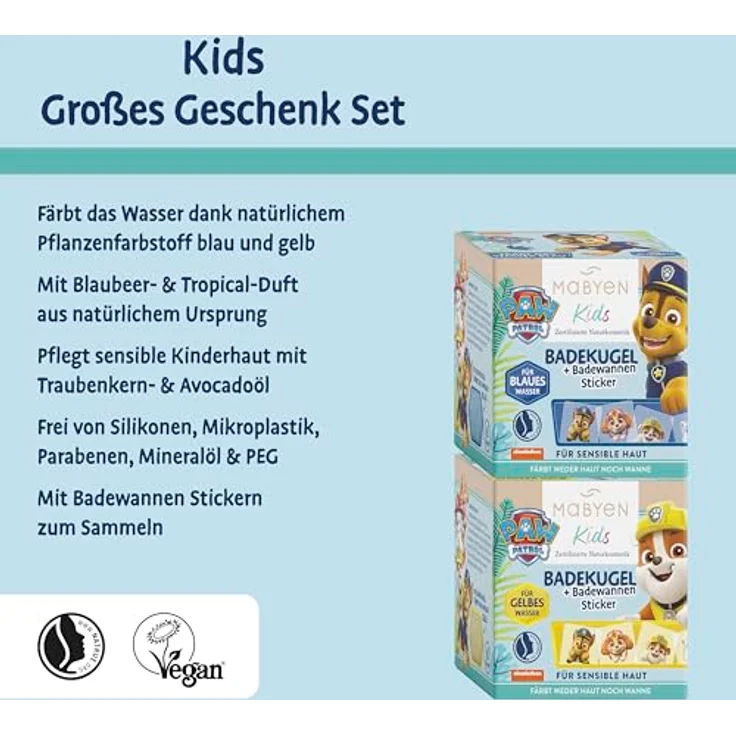 MABYEN PAW PATROL Kids Badekugel Set, Naturkosmetik mit 2x blauen Chase Badekugel (Blaubeerduft) & 2x gelben Rubble Badekugel (Tropical Duft), vegan und hautfreundlich – Bild 3