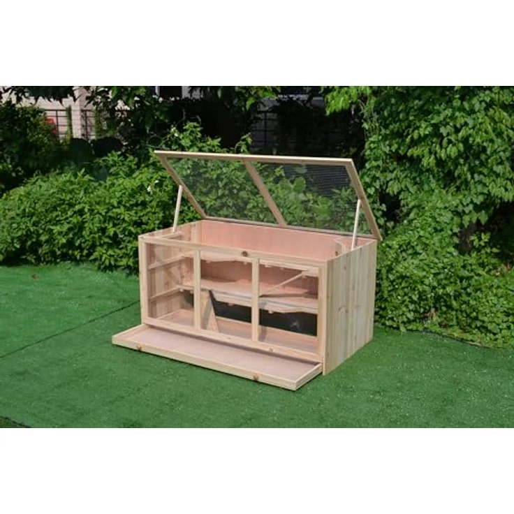 Mucola Kleintierkäfig 117x63x58 cm, 3-stöckig Holz Hamsterkäfig mit aufklappbarem Deckel, Rampen und Plexiglas, ideal für Mäuse und Kaninchen – Bild 3