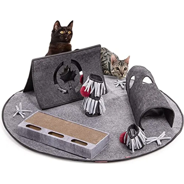 CanadianCat Company | Katzenspielteppich Cosmo, Intelligenzspielzeug für Katzen Spielteppich, Spielmatte, grau, ca. 105 x 105 x 30 cm